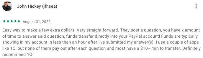Comment by users of 1Q - Legit survey app with Instant cashout with no minimum amount required.