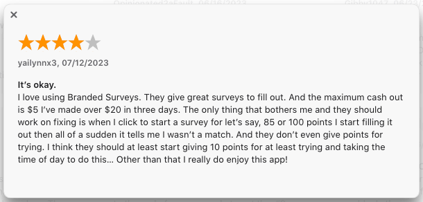 Comment by the user of Branded Surveys - Legit survey app that pays real money