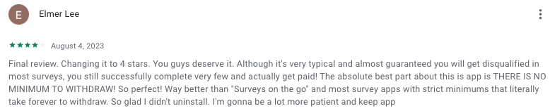 Comment by the user of the legit Survey app Qmee on Apple App and Google Play stores. 