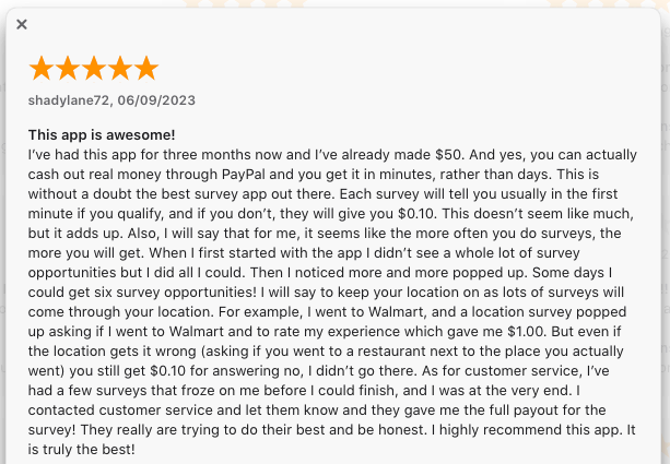 Comment by the user of one of the best survey app - Surveys On The Go for real money.