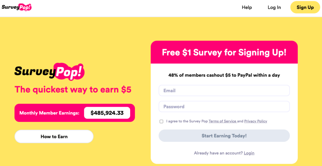 Survey Pop claims that 48% of members cashout to PayPal instantly within a day. Surveys with a low minimum PayPal payout of only $5.