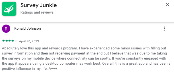 Comment by a user of Survey Junkie. A survey app that offers highest paying online surveys.