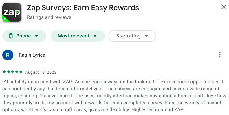 Comment by the user of Zap Surveys. Zap Surveys is one of the highest paying online survey apps. 