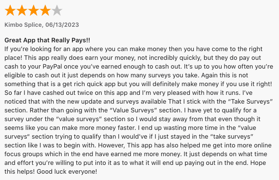 Zap Surveys, one of the high paying online survey apps. A positive comment by one of the users.